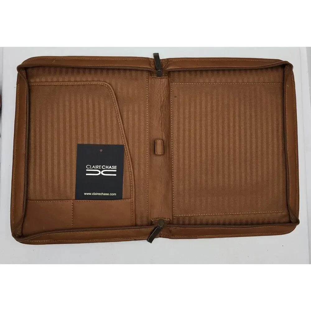 Claire Chase Zippered Leather Document Holder Notebook Folio Tan 12.75